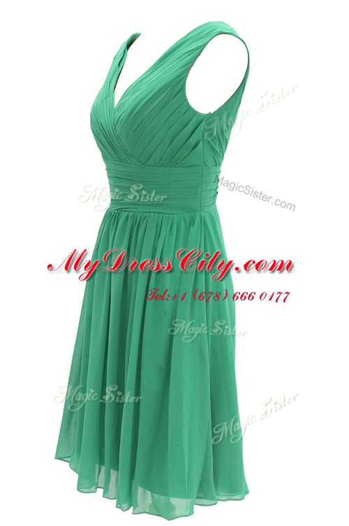 Green Sleeveless Knee Length Ruching Zipper Prom Evening Gown