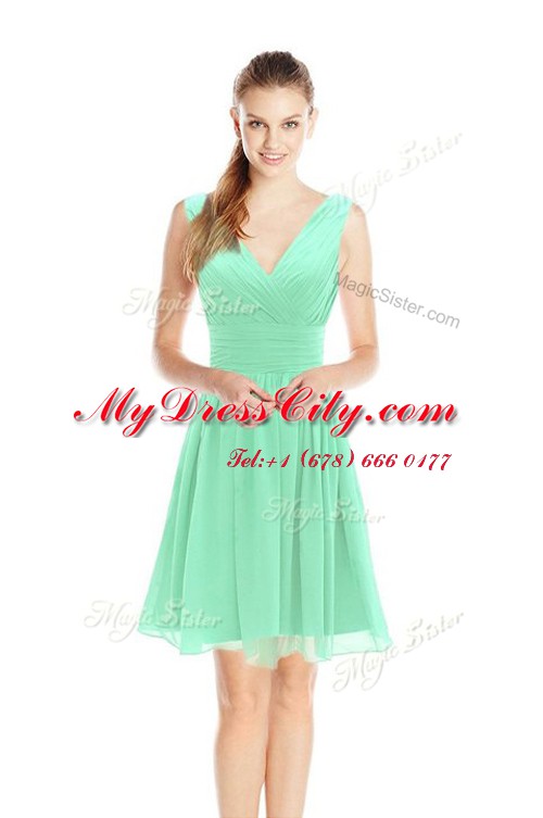 Green Sleeveless Knee Length Ruching Zipper Prom Evening Gown