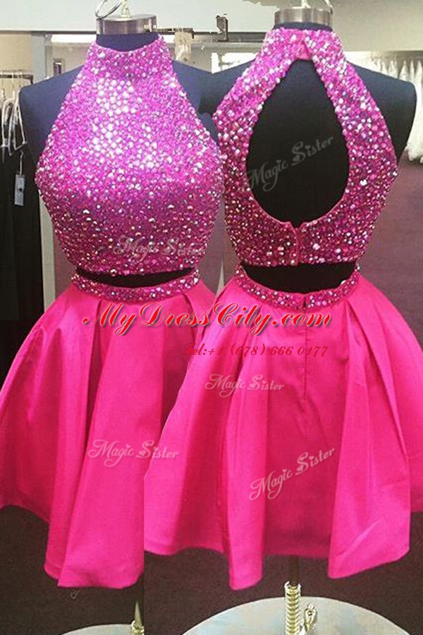 Halter Top Beading Evening Dress Hot Pink Zipper Sleeveless Mini Length