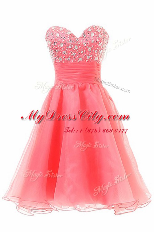 Custom Designed Knee Length Zipper Homecoming Dress Watermelon Red for Prom and Party with Beading