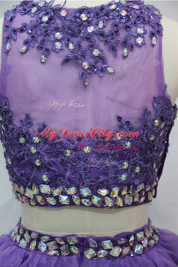 Suitable Lavender A-line Scoop Sleeveless Tulle Knee Length Side Zipper Beading and Appliques Prom Party Dress