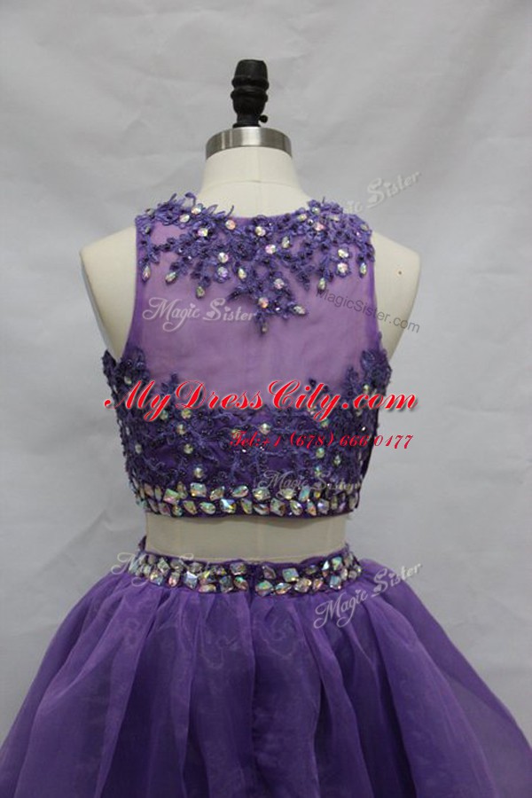 Suitable Lavender A-line Scoop Sleeveless Tulle Knee Length Side Zipper Beading and Appliques Prom Party Dress