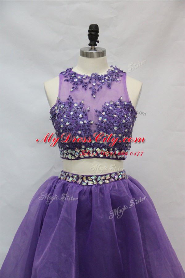 Suitable Lavender A-line Scoop Sleeveless Tulle Knee Length Side Zipper Beading and Appliques Prom Party Dress