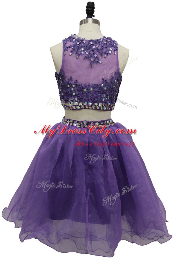 Suitable Lavender A-line Scoop Sleeveless Tulle Knee Length Side Zipper Beading and Appliques Prom Party Dress