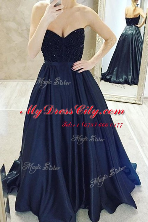 Charming Sleeveless Satin Sweep Train Zipper Prom Gown in Navy Blue with Belt