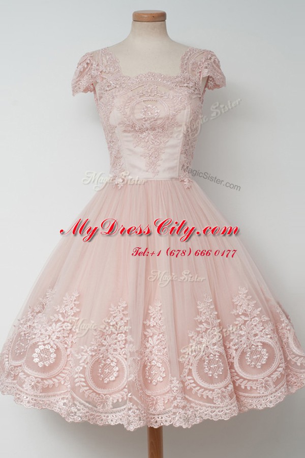 Cap Sleeves Tea Length Lace Zipper Party Dress with Baby Pink