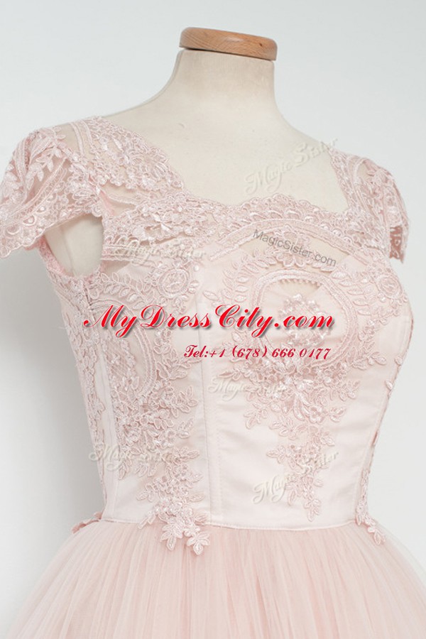 Cap Sleeves Tea Length Lace Zipper Party Dress with Baby Pink