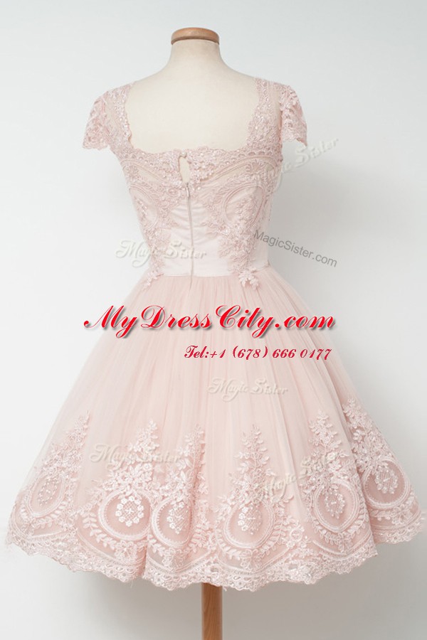 Cap Sleeves Tea Length Lace Zipper Party Dress with Baby Pink