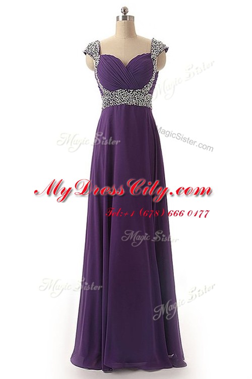 Sweet Floor Length Purple Evening Dress Chiffon Cap Sleeves Beading and Ruching