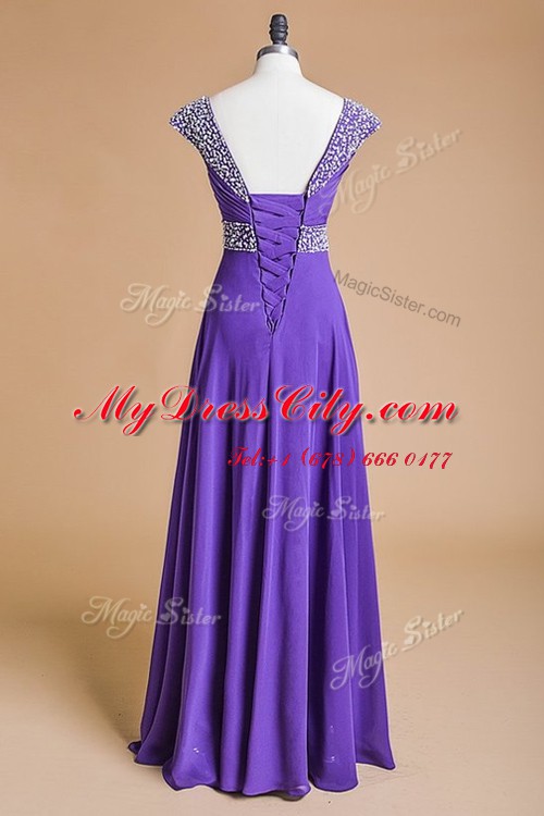 Sweet Floor Length Purple Evening Dress Chiffon Cap Sleeves Beading and Ruching