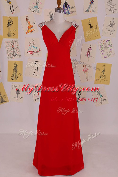 Traditional Red Homecoming Dress Prom and Party and For with Beading V-neck Sleeveless Backless