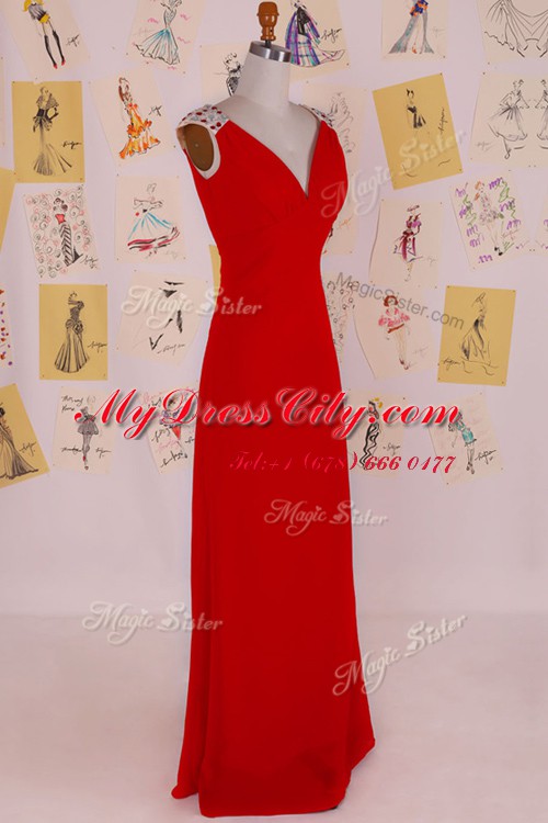 Traditional Red Homecoming Dress Prom and Party and For with Beading V-neck Sleeveless Backless