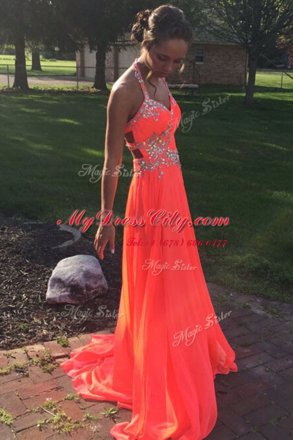 Halter Top Sleeveless Sweep Train Backless With Train Beading Homecoming Dress