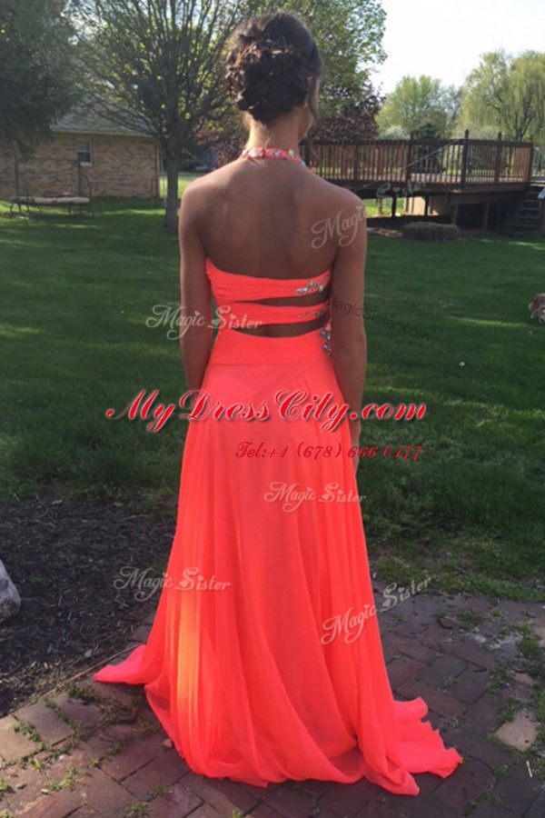 Halter Top Sleeveless Sweep Train Backless With Train Beading Homecoming Dress