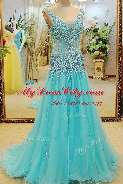 Customized V-neck Sleeveless Brush Train Zipper Prom Evening Gown Aqua Blue Organza