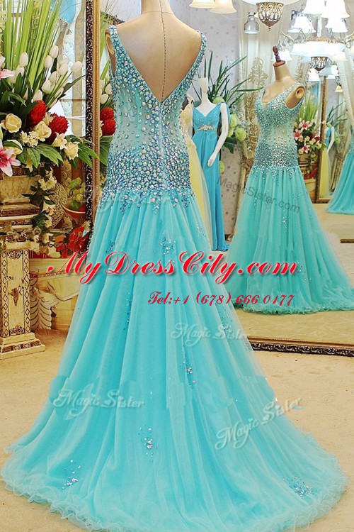 Customized V-neck Sleeveless Brush Train Zipper Prom Evening Gown Aqua Blue Organza