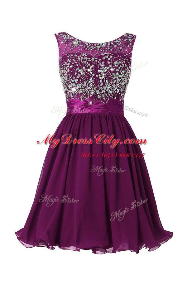 Classical Scoop Sleeveless Prom Evening Gown Knee Length Beading and Sashes ribbons Purple Chiffon