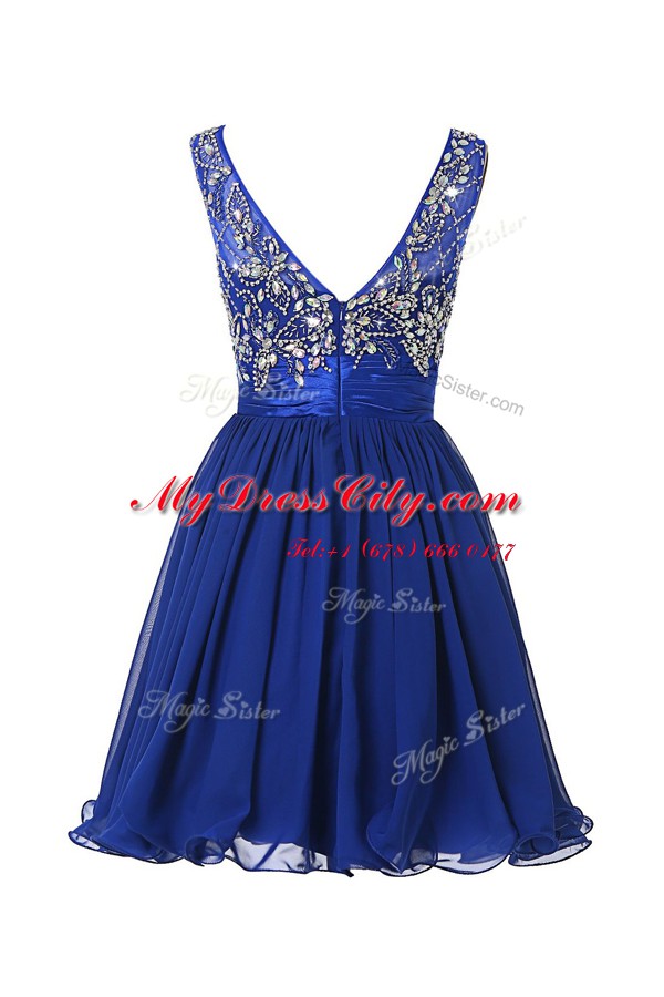 Classical Scoop Sleeveless Prom Evening Gown Knee Length Beading and Sashes ribbons Purple Chiffon