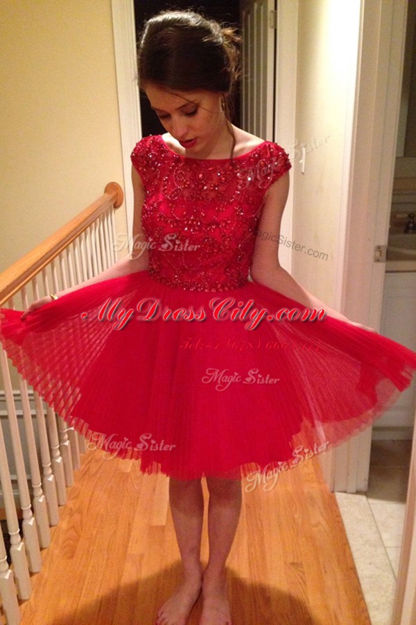 Traditional Red Cap Sleeves Beading Knee Length Prom Dress