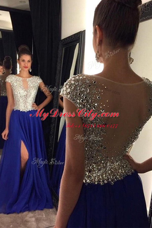 Royal Blue Sleeveless Sweep Train Beading Prom Gown