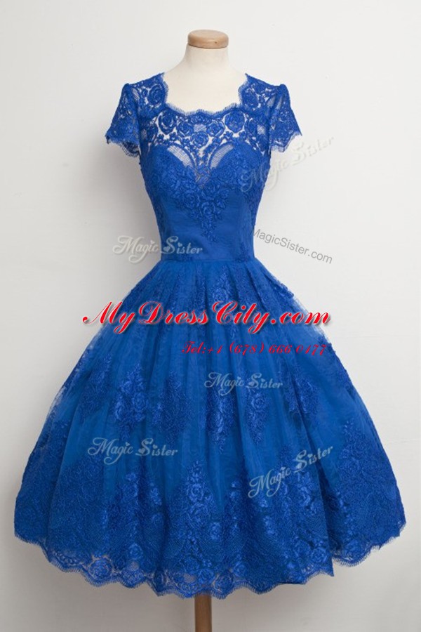 Scalloped Royal Blue Cap Sleeves Lace Knee Length Dress for Prom