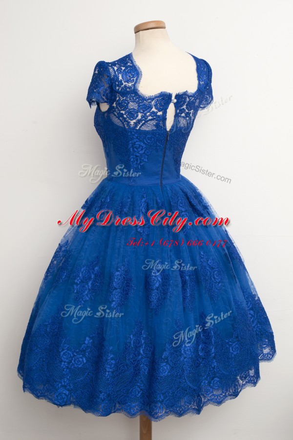 Scalloped Royal Blue Cap Sleeves Lace Knee Length Dress for Prom