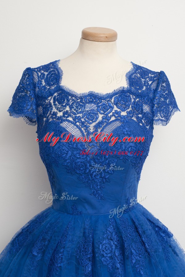 Scalloped Royal Blue Cap Sleeves Lace Knee Length Dress for Prom