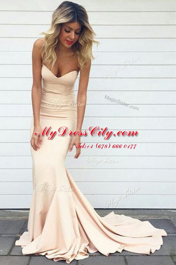 Champagne Mermaid Elastic Woven Satin Sweetheart Sleeveless Ruching Zipper Prom Dress Court Train