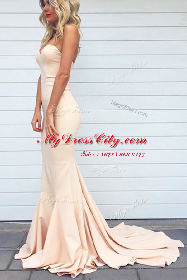 Champagne Mermaid Elastic Woven Satin Sweetheart Sleeveless Ruching Zipper Prom Dress Court Train