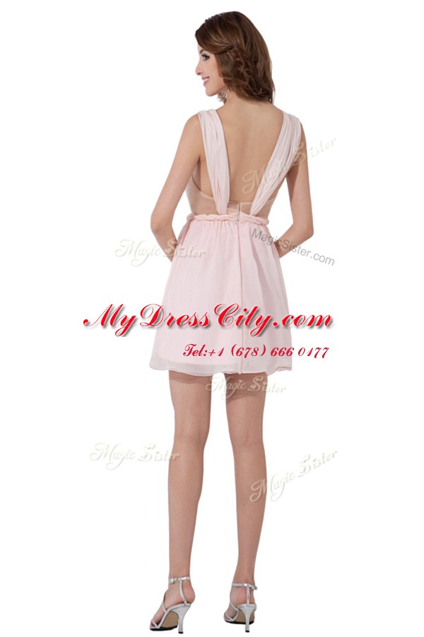 Knee Length Baby Pink Dress for Prom Straps Sleeveless Backless