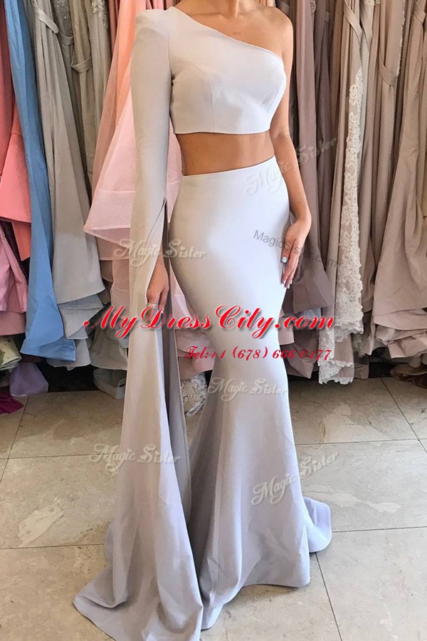 High Quality Mermaid One Shoulder Long Sleeves Floor Length Ruching Side Zipper Prom Gown with Silver