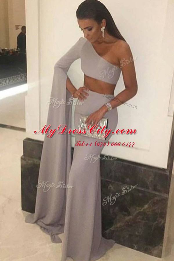 High Quality Mermaid One Shoulder Long Sleeves Floor Length Ruching Side Zipper Prom Gown with Silver