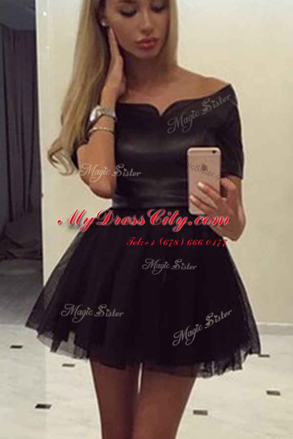 Flirting Off the Shoulder Black Short Sleeves Ruching Mini Length Prom Party Dress