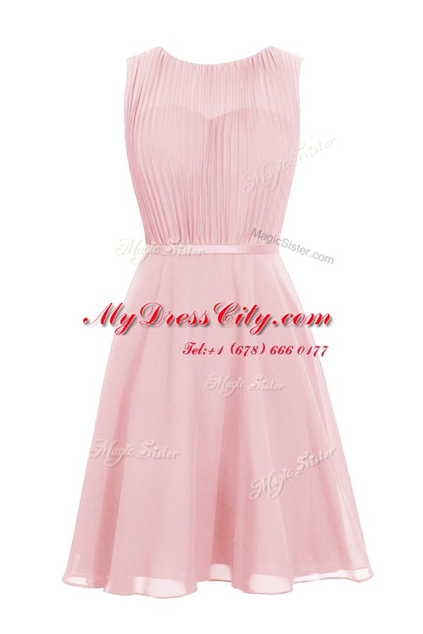 Dramatic Scoop Sleeveless Knee Length Ruching Zipper Prom Dresses with Baby Pink