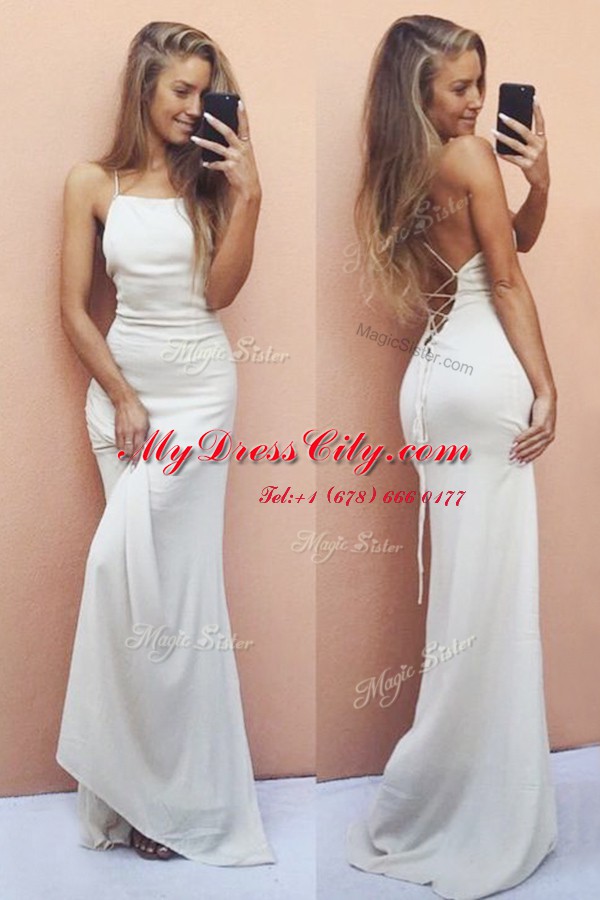 Glamorous White Sleeveless Chiffon Sweep Train Lace Up Prom Evening Gown for Prom