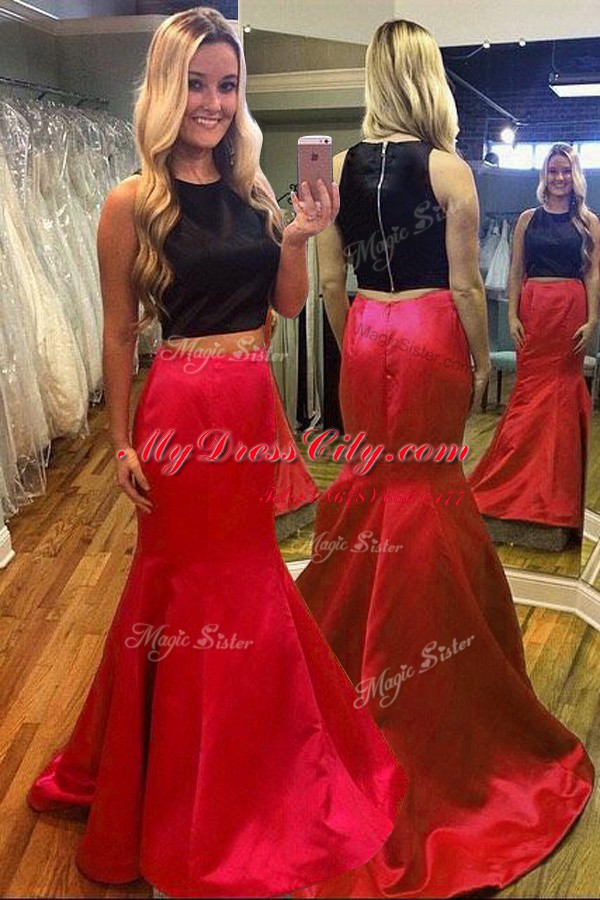 Eye-catching Mermaid Red And Black Scoop Zipper Ruching Prom Dress Sleeveless