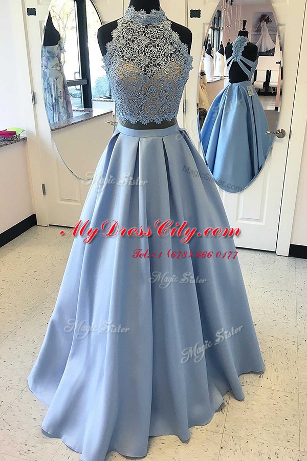 High-neck Sleeveless Satin Prom Gown Lace Criss Cross