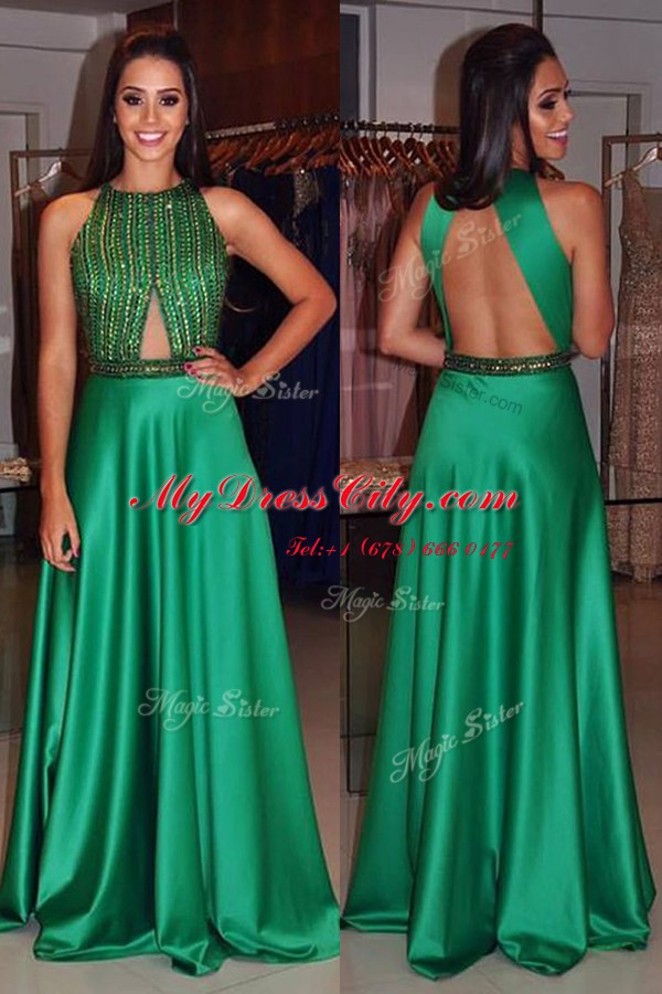 Dynamic Floor Length Green Prom Dress Scoop Sleeveless Backless