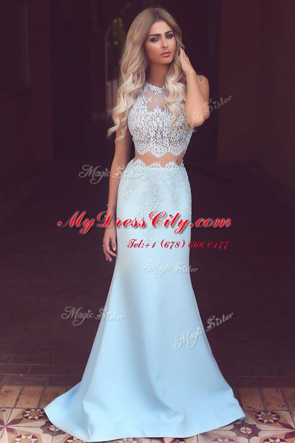 Extravagant Mermaid Scoop Light Blue Satin Zipper Prom Dress Sleeveless Sweep Train Lace