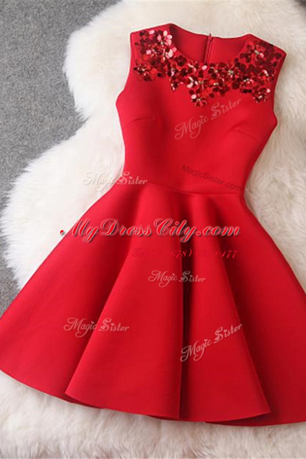 Customized Red Scoop Zipper Beading Prom Gown Sleeveless