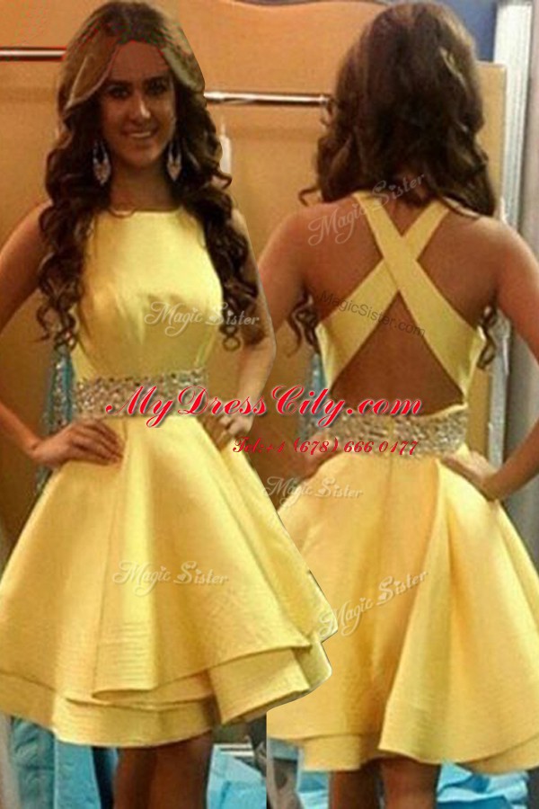 Captivating Scoop Yellow Sleeveless Knee Length Beading Criss Cross Prom Dresses