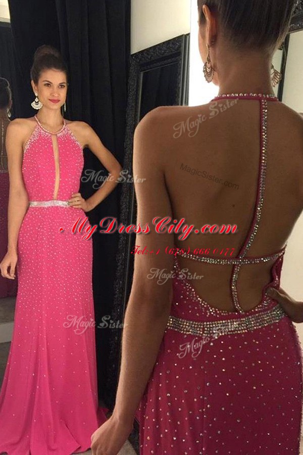 Great Scoop Hot Pink Sleeveless Sweep Train Beading Prom Dresses