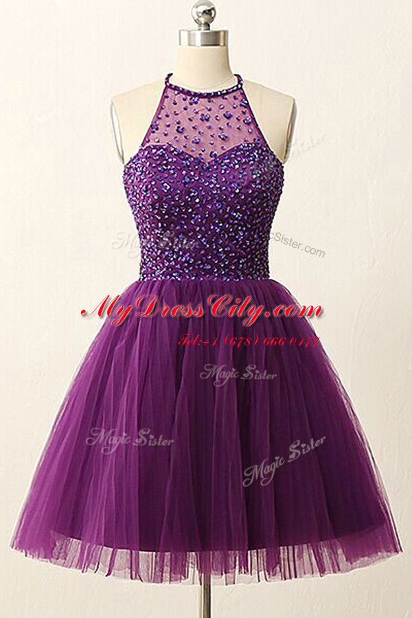 Scoop Tulle Sleeveless Mini Length Prom Party Dress and Sequins