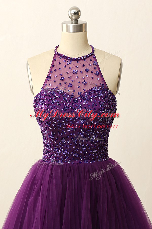 Scoop Tulle Sleeveless Mini Length Prom Party Dress and Sequins