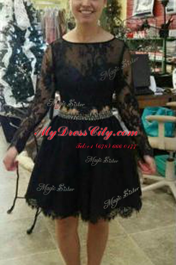 Fabulous Black A-line Scoop Long Sleeves Lace Knee Length Backless Lace