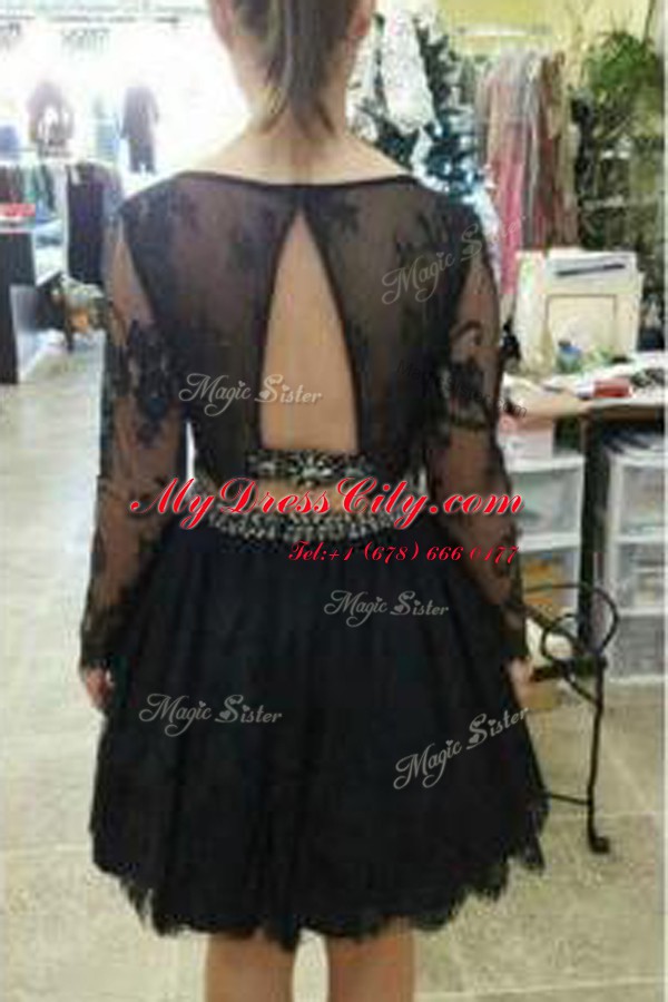 Fabulous Black A-line Scoop Long Sleeves Lace Knee Length Backless Lace