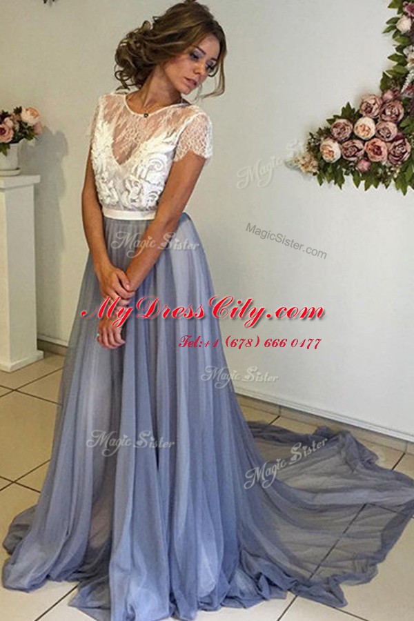 Beautiful Scoop Grey Chiffon Backless Homecoming Dress Cap Sleeves Court Train Lace and Bowknot