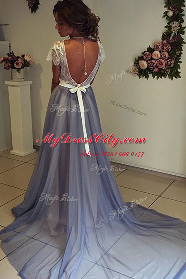 Beautiful Scoop Grey Chiffon Backless Homecoming Dress Cap Sleeves Court Train Lace and Bowknot