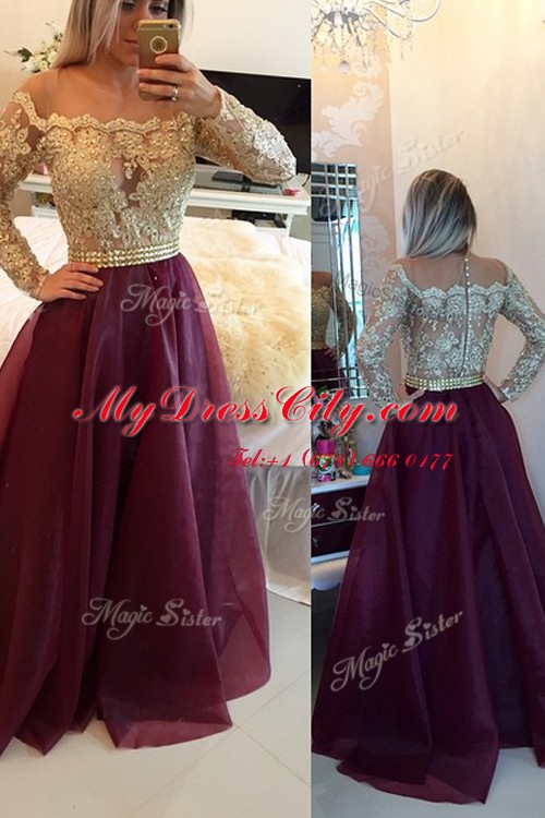 Scoop Beading and Appliques Prom Party Dress Burgundy Zipper Long Sleeves Floor Length