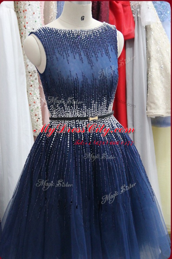 Fabulous Scoop Navy Blue Sleeveless Beading Knee Length Prom Dresses